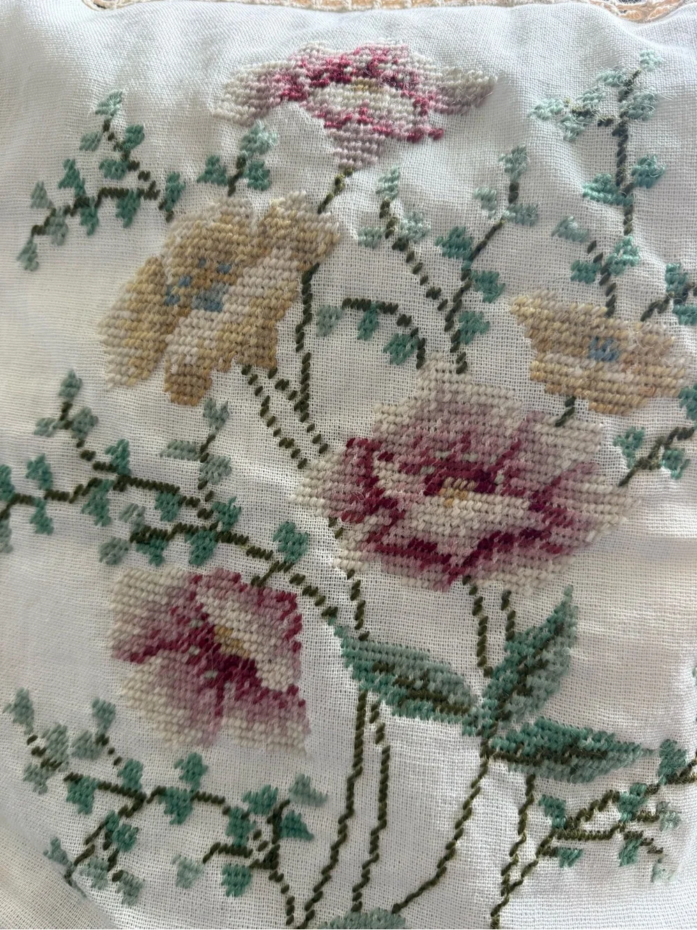 Vintage Floral Cross Stitch Pillow Cover Crochet Lace Trim 16x16